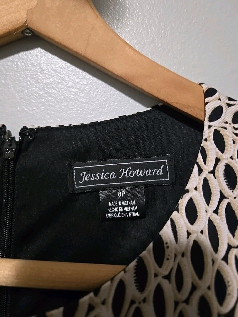Jessica Howard Women's Dress Sz. 8 Petite Black Cream Geometric Belt Cap Sleeve - Picture 6 of 10